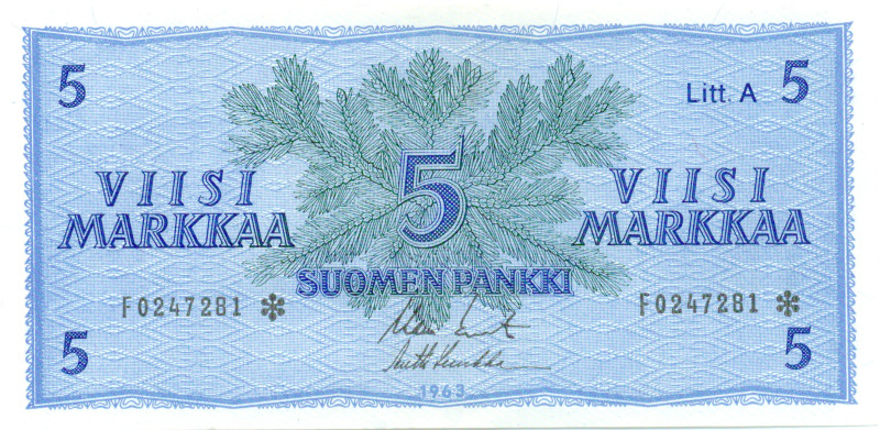 5 Markkaa 1963 Litt.A F0247281* kl.8